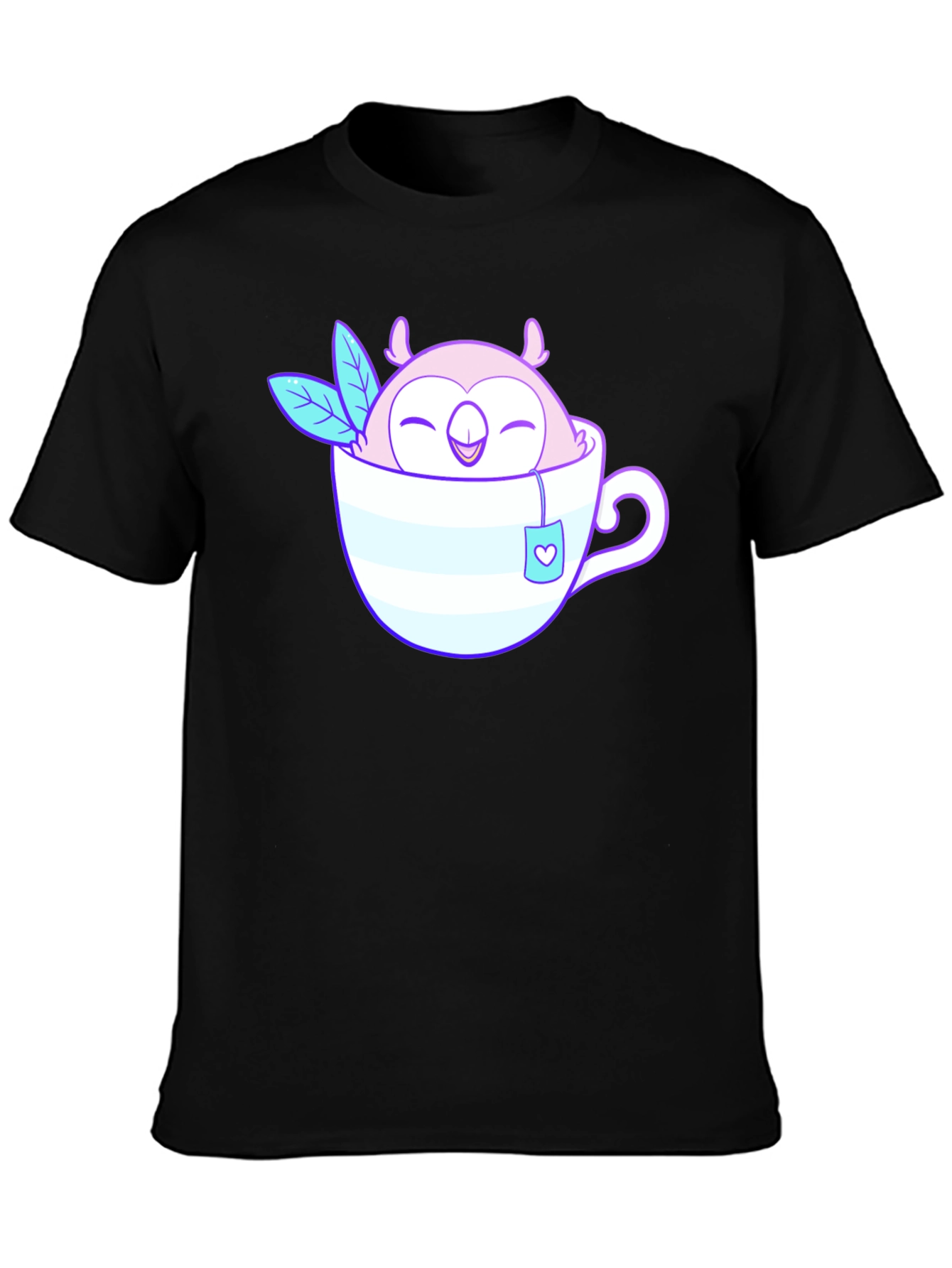 Cute Owl in Teacup Graphic Tee - Black Cotton T-Shirt