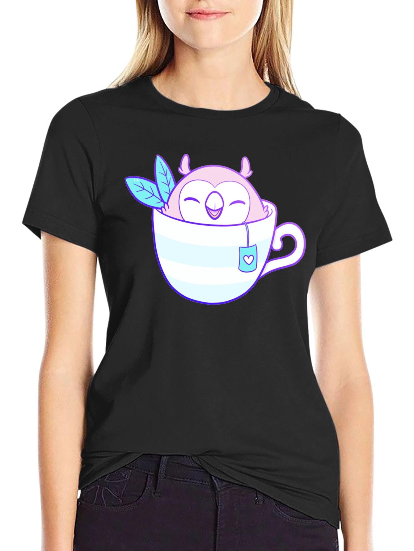 Cute Owl in Teacup Graphic Tee - Black Cotton T-Shirt
