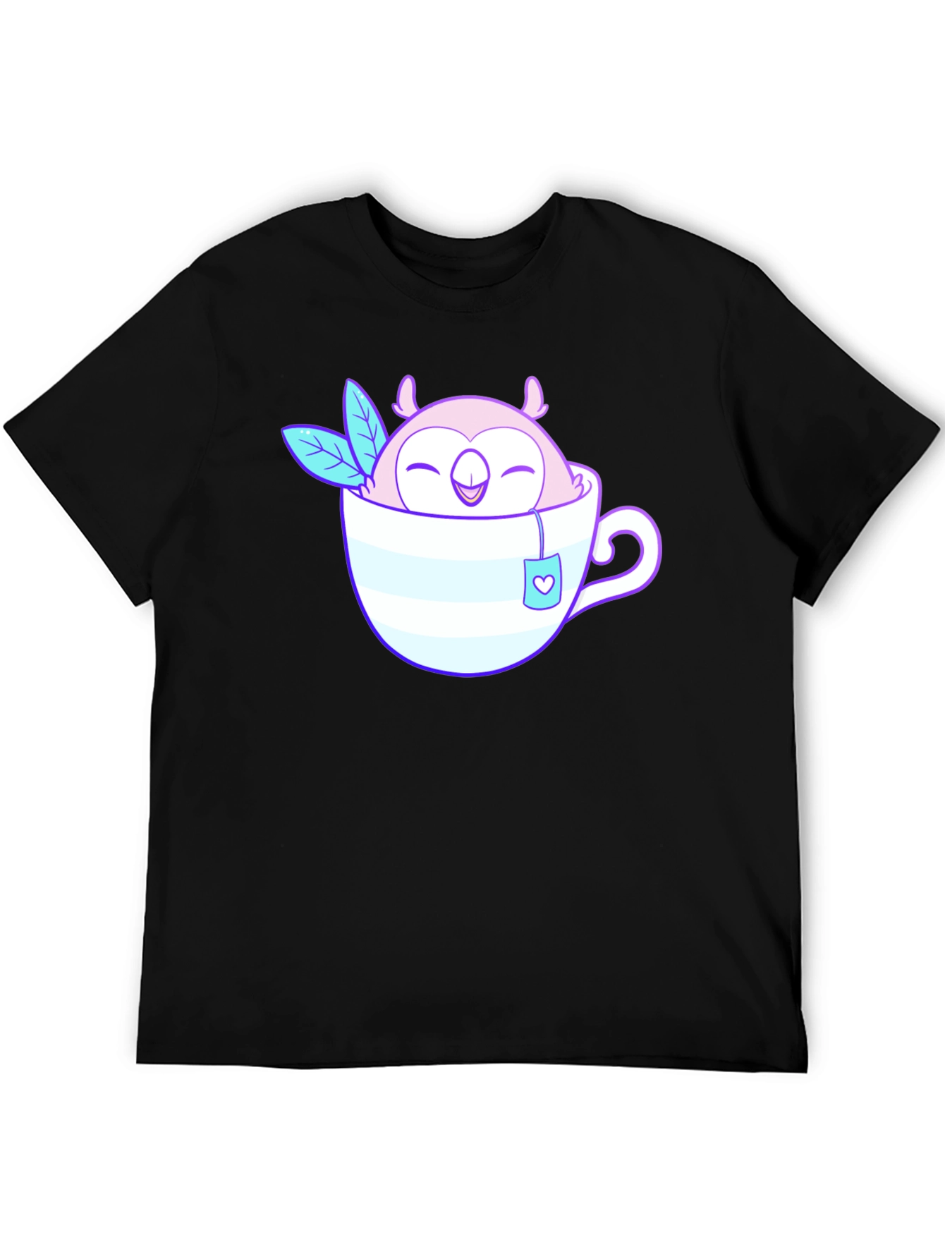 Cute Owl in Teacup Graphic Tee - Black Cotton T-Shirt