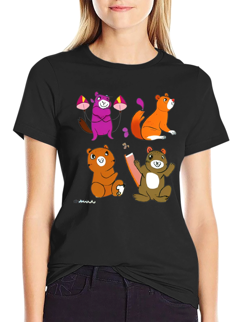 Cartoon Animal Graphic Black T-Shirt