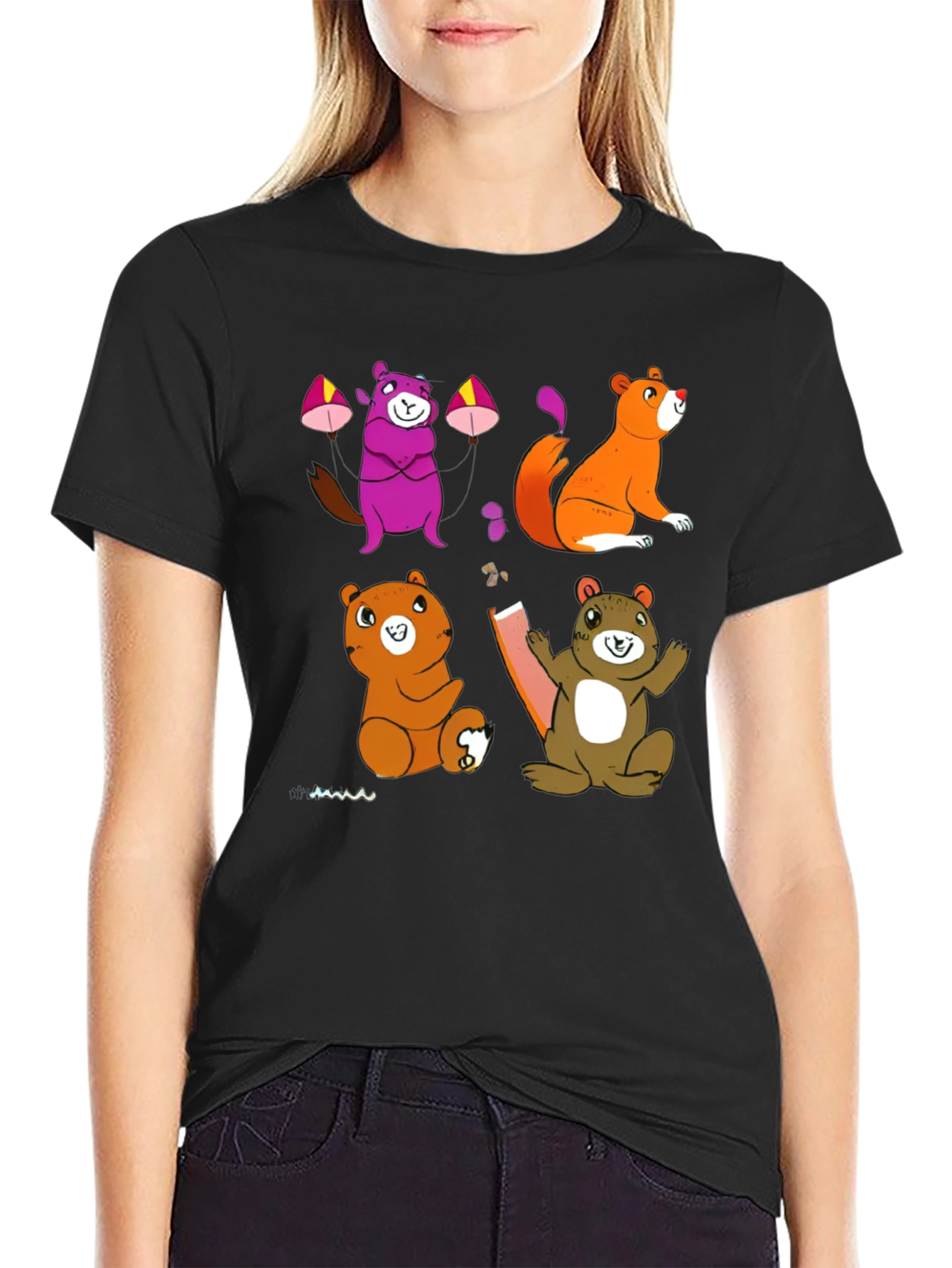 Cartoon Animal Graphic Black T-Shirt