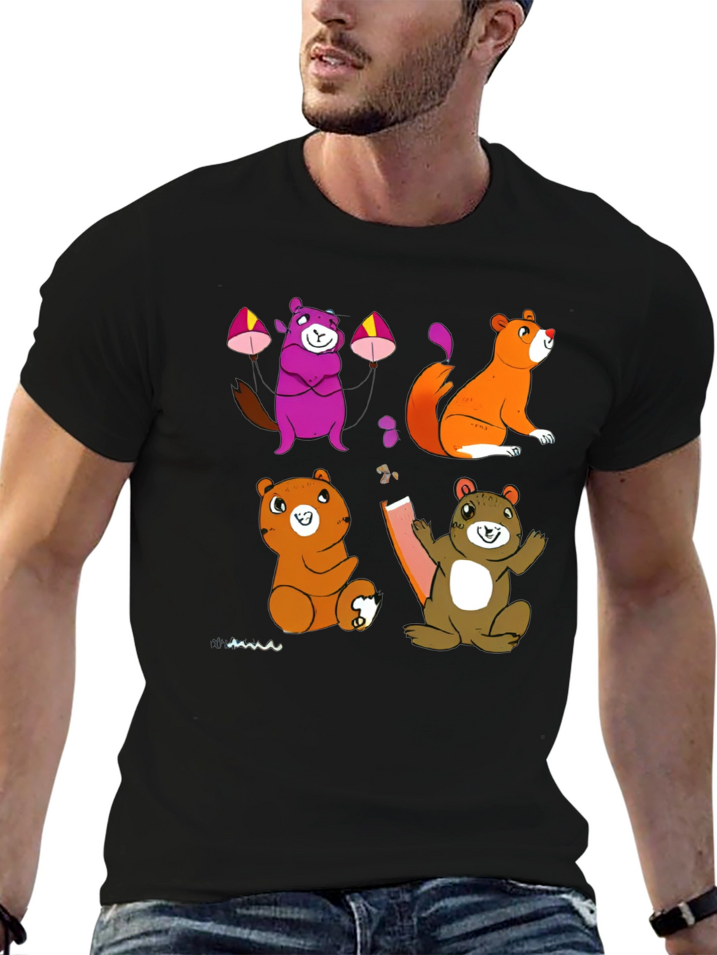 Cartoon Animal Graphic Black T-Shirt