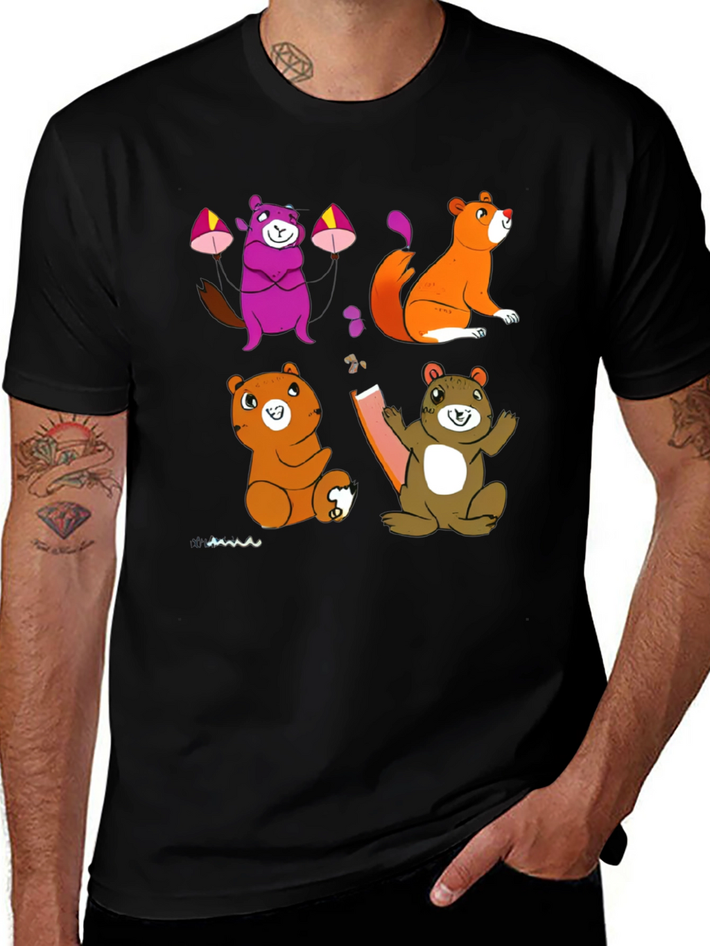 Cartoon Animal Graphic Black T-Shirt