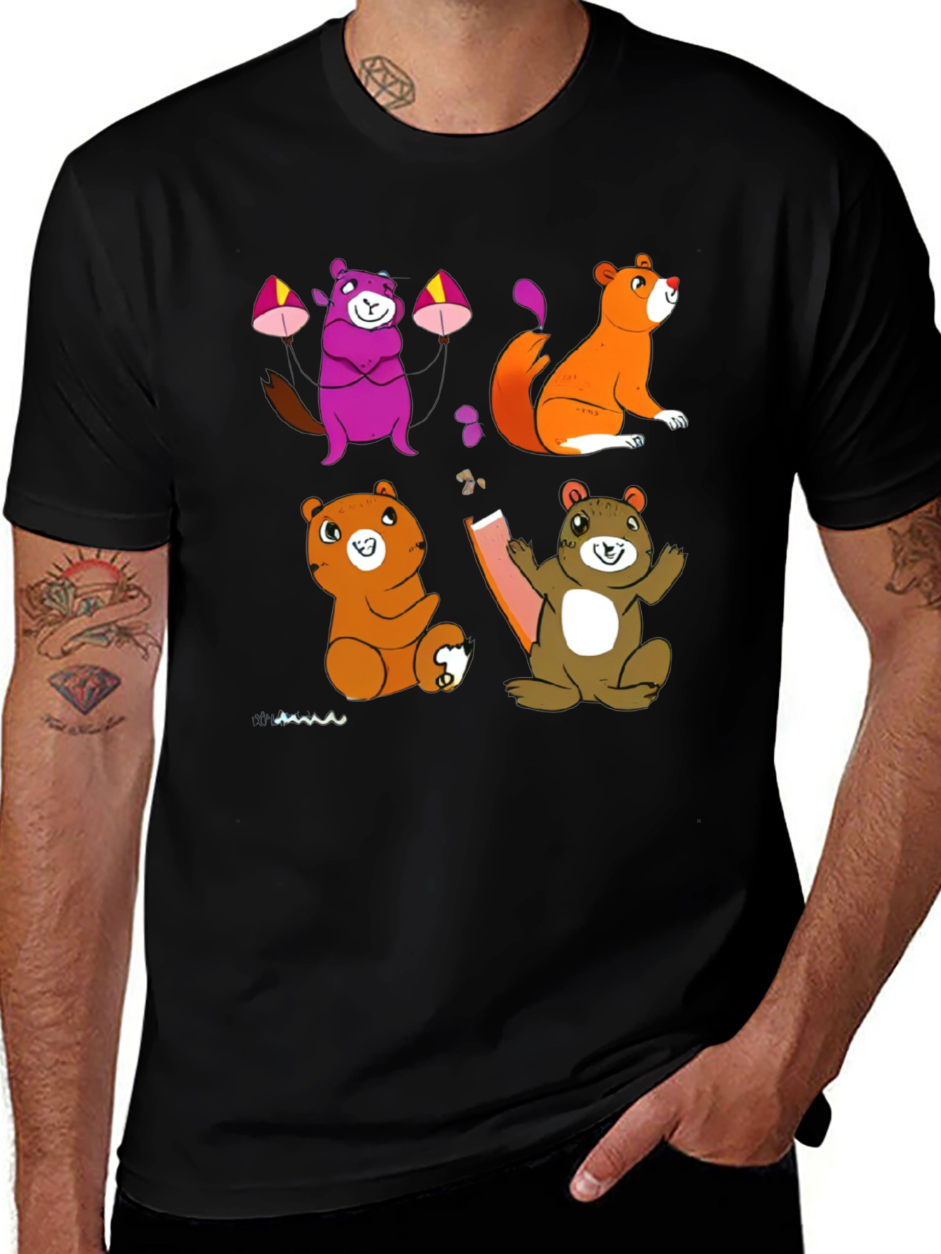 Cartoon Animal Graphic Black T-Shirt