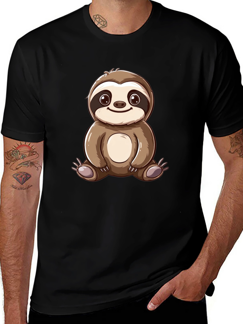 Cute Sloth Cartoon Graphic Tee - Black