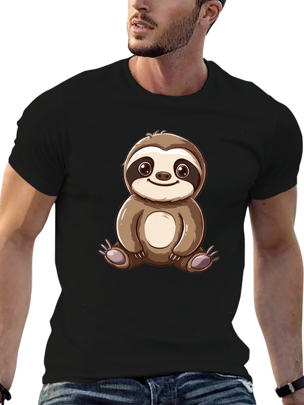 Cute Sloth Cartoon Graphic Tee - Black