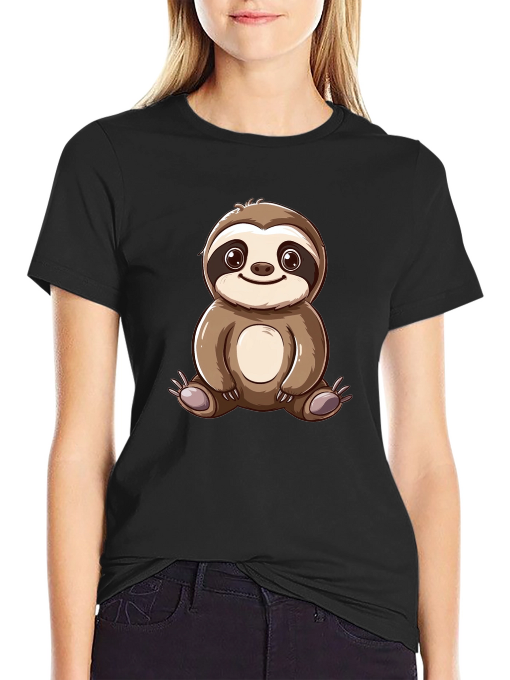Cute Sloth Cartoon Graphic Tee - Black