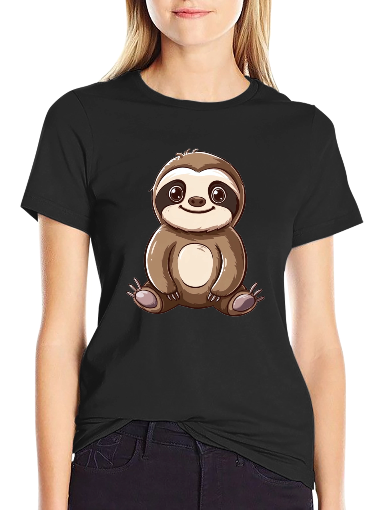 Cute Sloth Cartoon Graphic Tee - Black