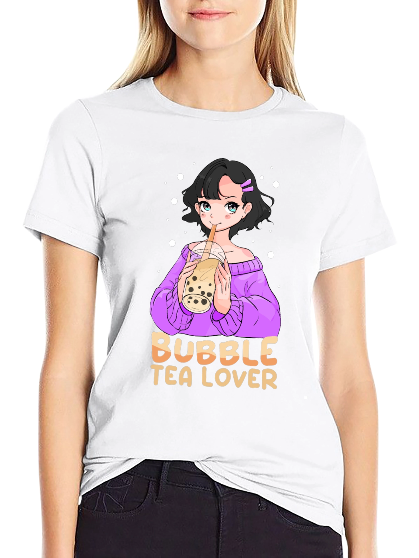 Bubble Tea Lover Black T-Shirt Anime Girl Cute Style