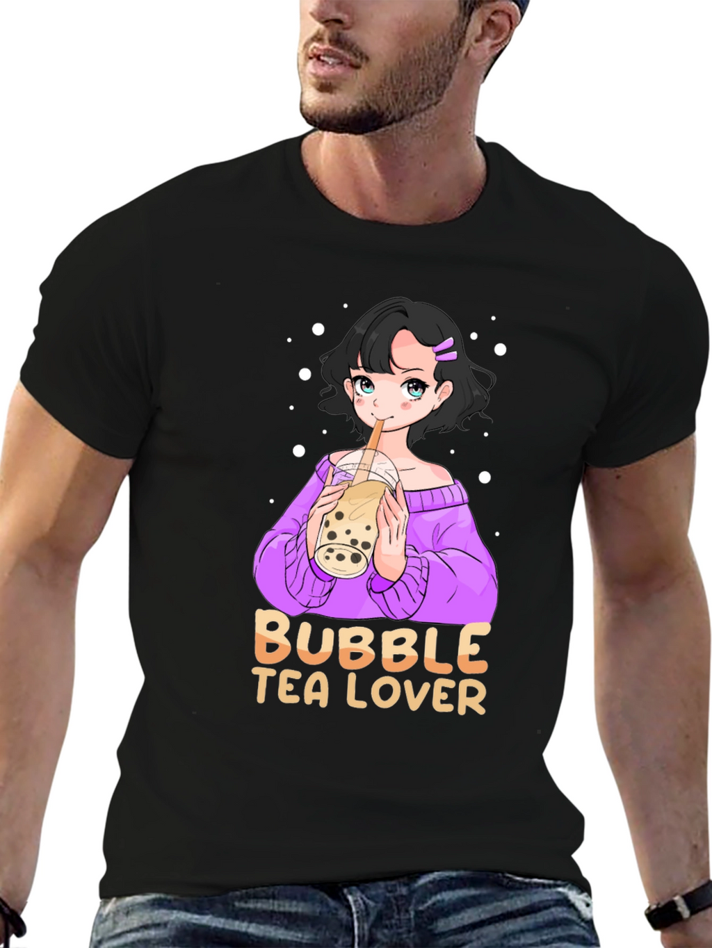 Bubble Tea Lover Black T-Shirt Anime Girl Cute Style