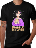 Bubble Tea Lover Black T-Shirt Anime Girl Cute Style