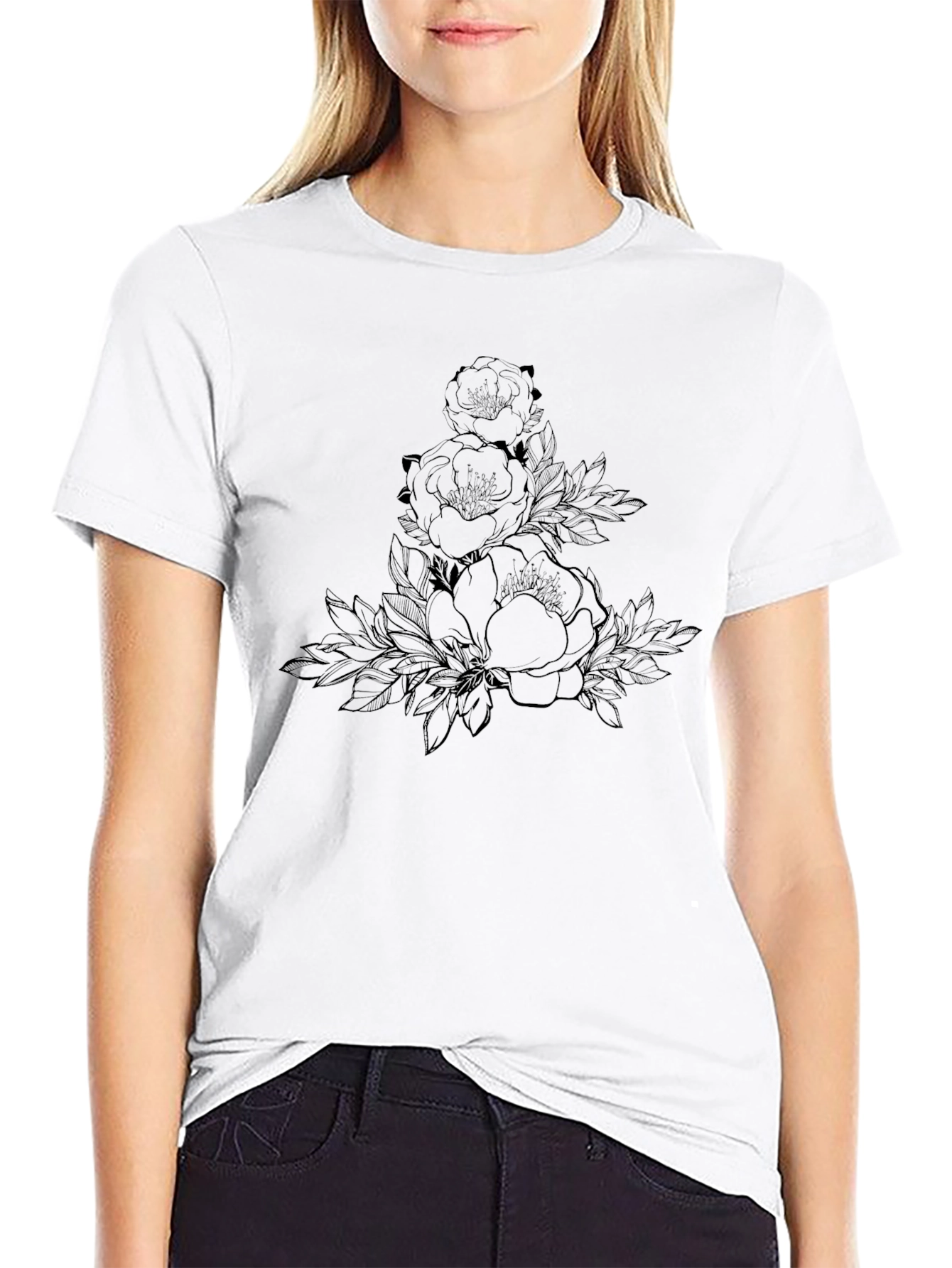 Elegant Floral Print Black T-Shirt