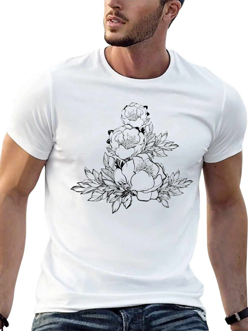 Elegant Floral Print Black T-Shirt