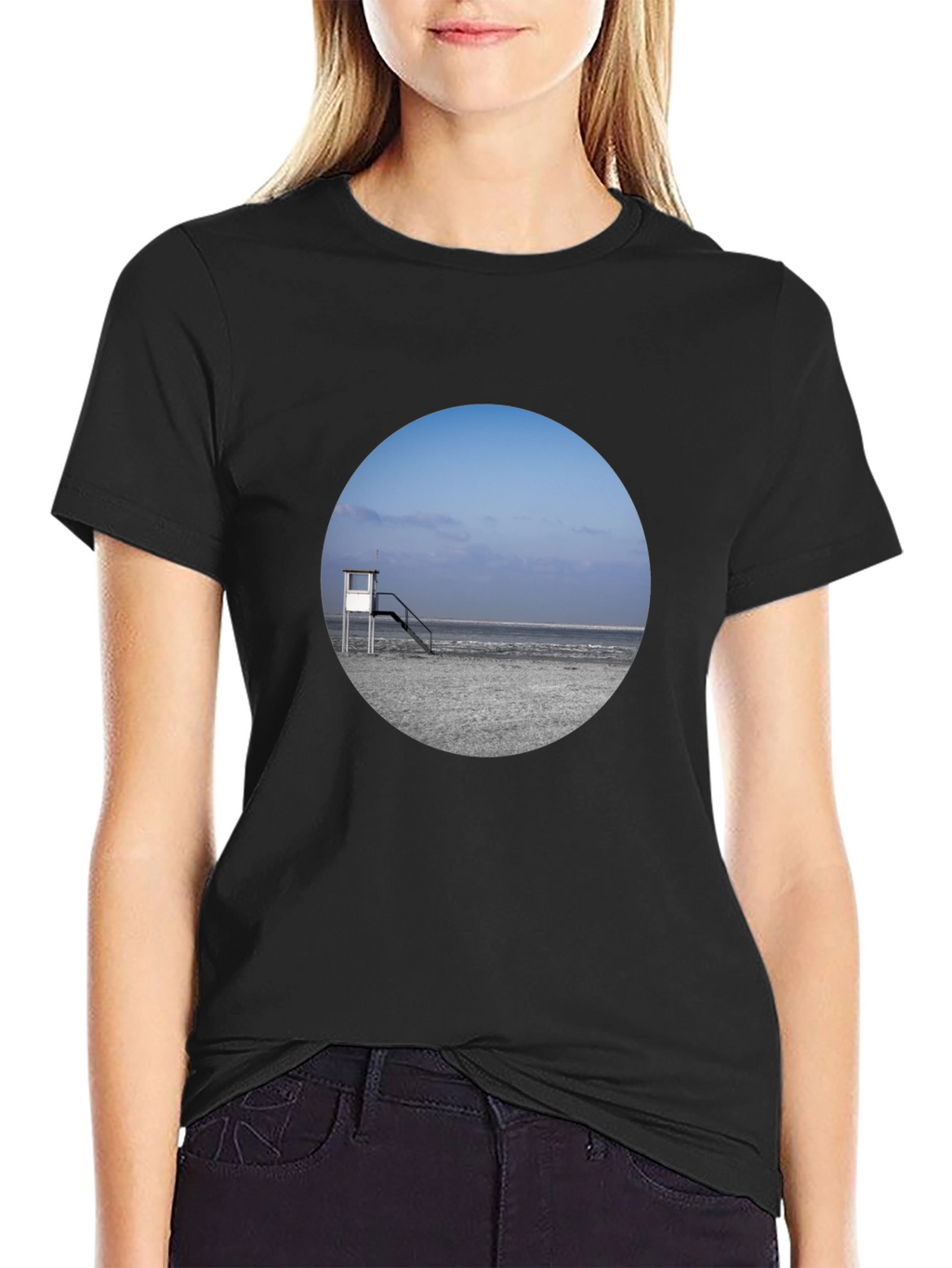 Beach View Graphic Tee - Black Cotton T-Shirt