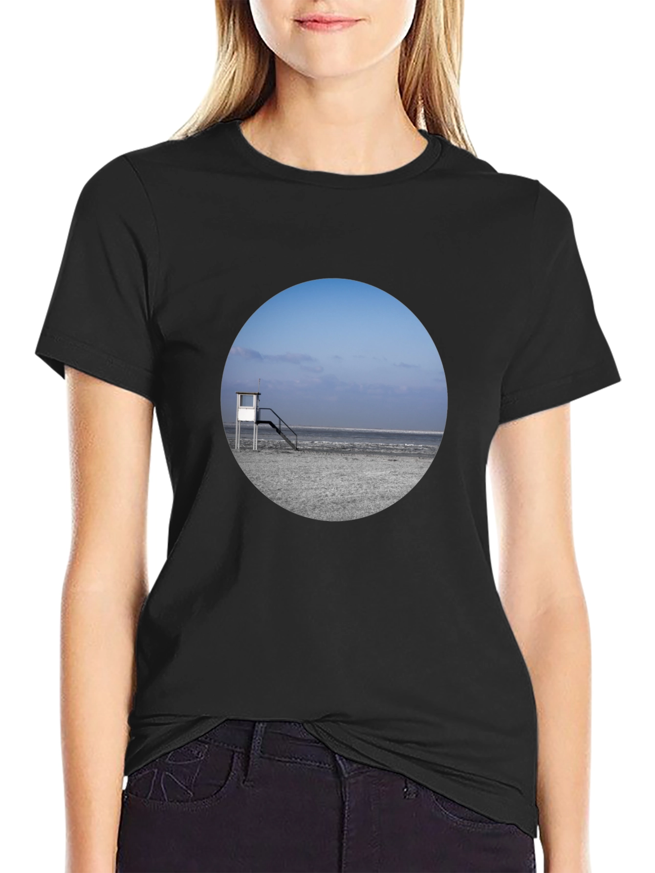 Beach View Graphic Tee - Black Cotton T-Shirt