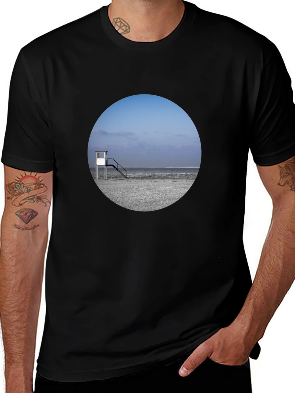 Beach View Graphic Tee - Black Cotton T-Shirt