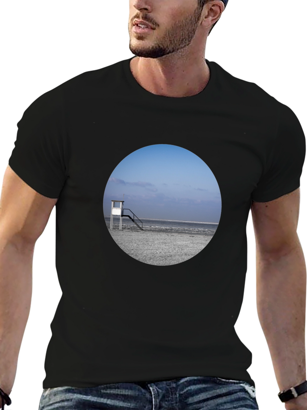 Beach View Graphic Tee - Black Cotton T-Shirt