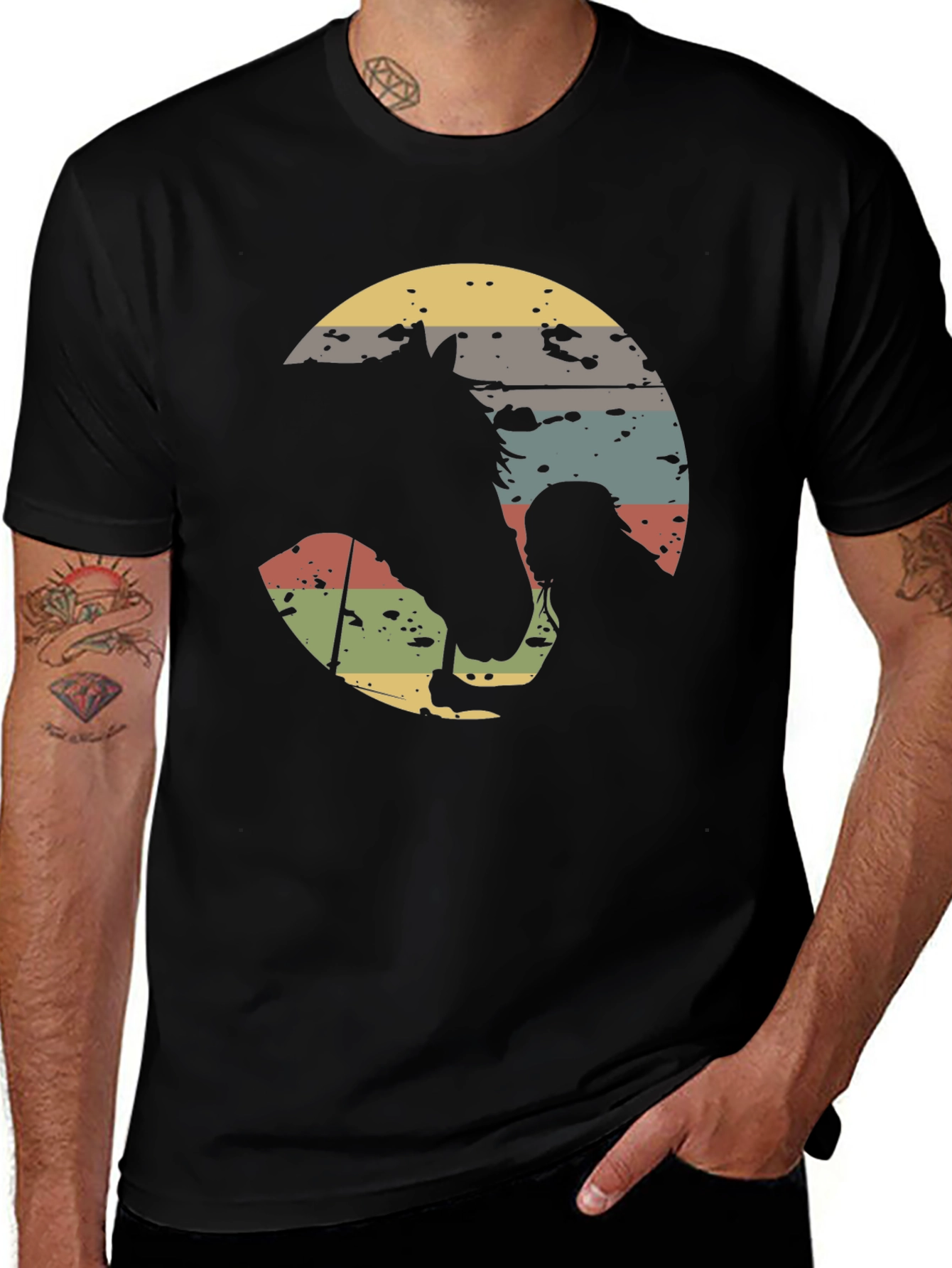 Retro Horse and Rider Graphic Tee - Black Cotton T-Shirt