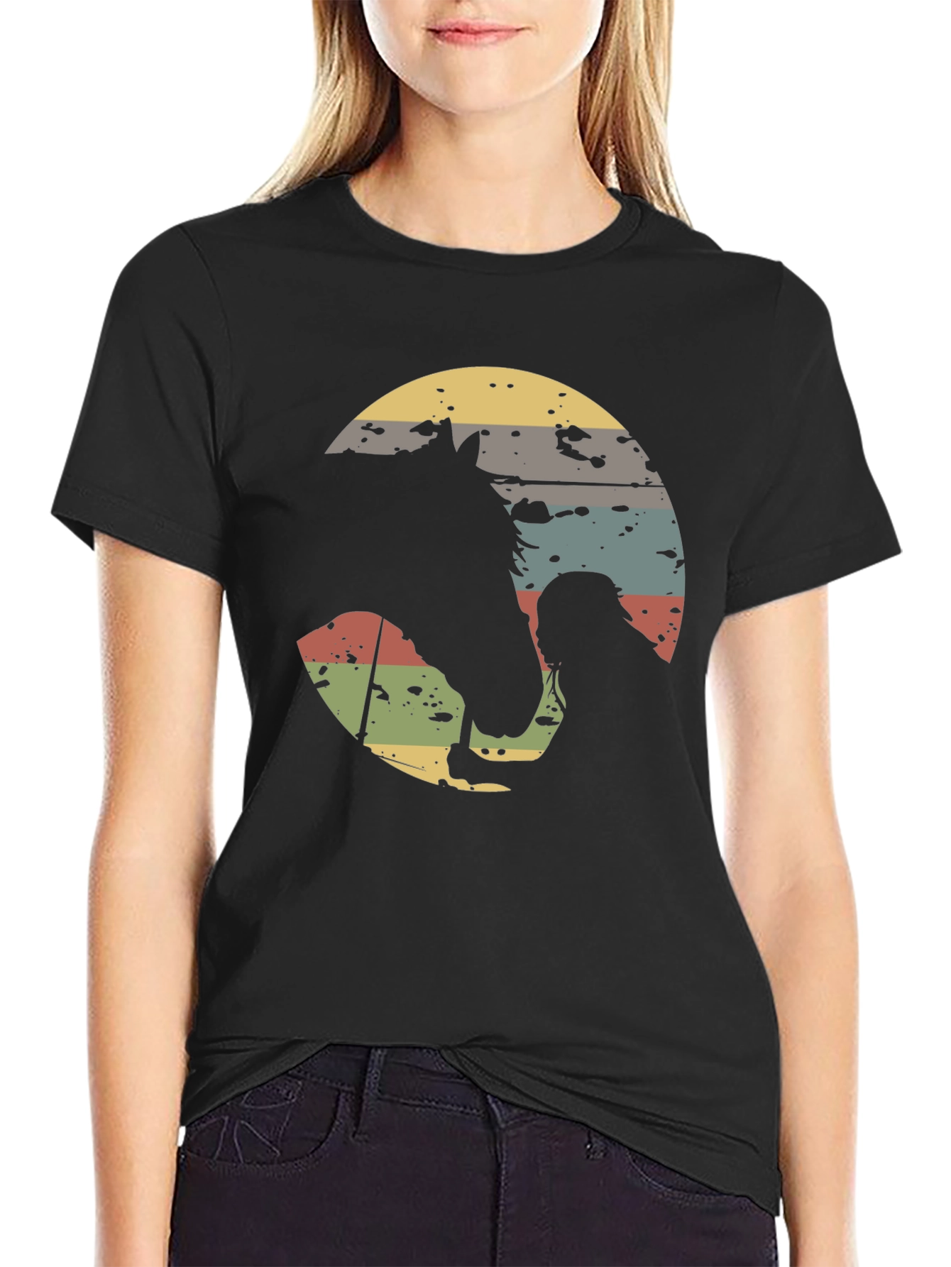 Retro Horse and Rider Graphic Tee - Black Cotton T-Shirt