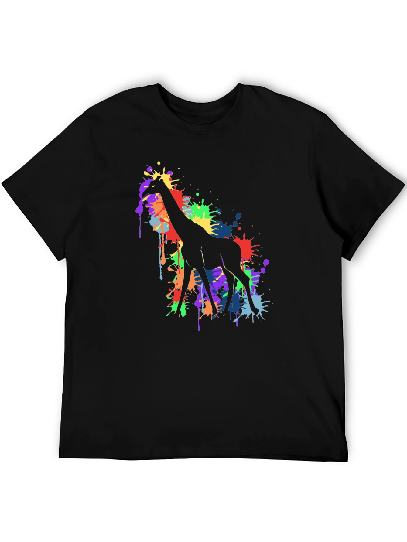 Colorful Giraffe Splatter Art Graphic Tee - Black