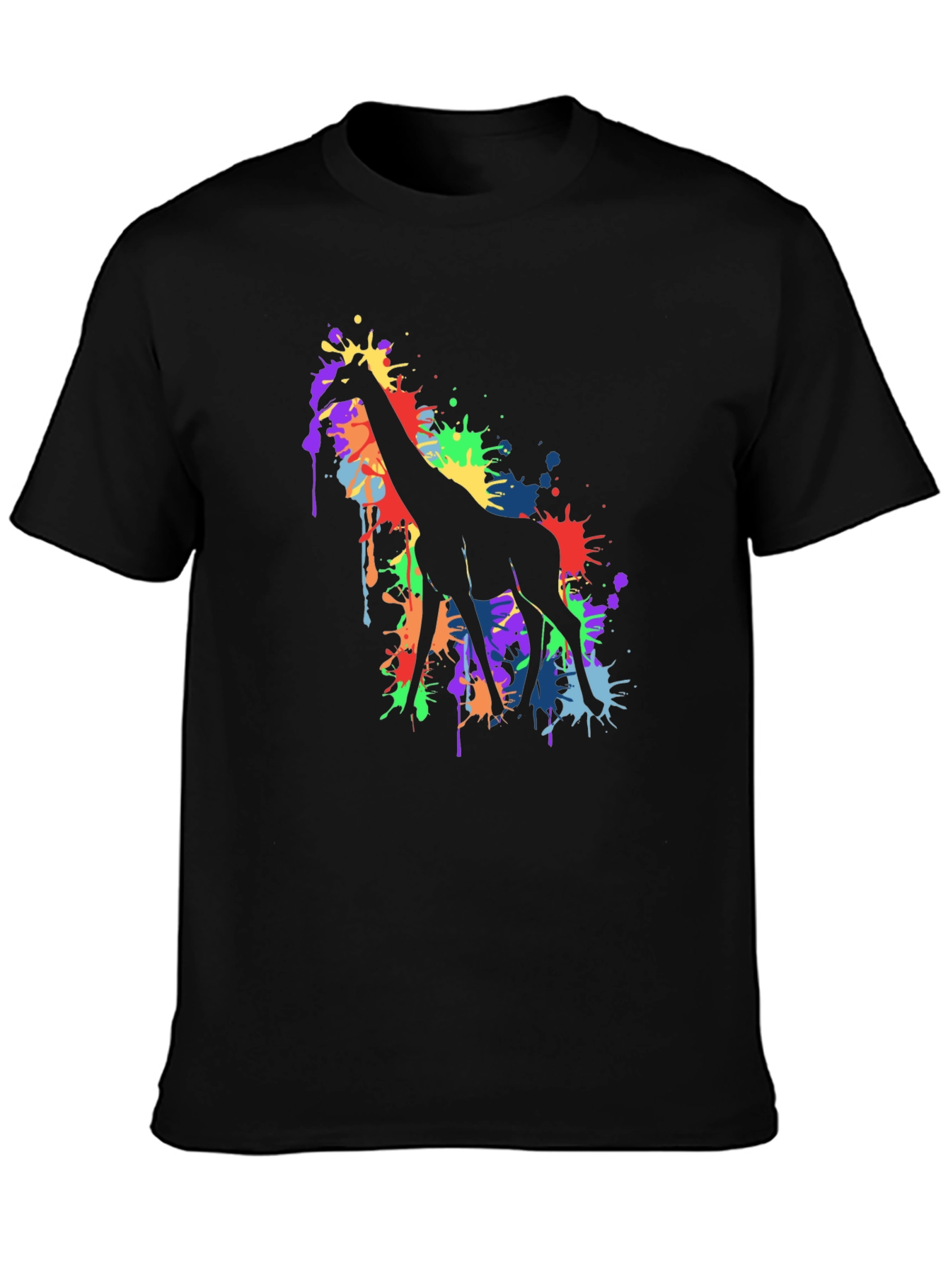 Colorful Giraffe Splatter Art Graphic Tee - Black