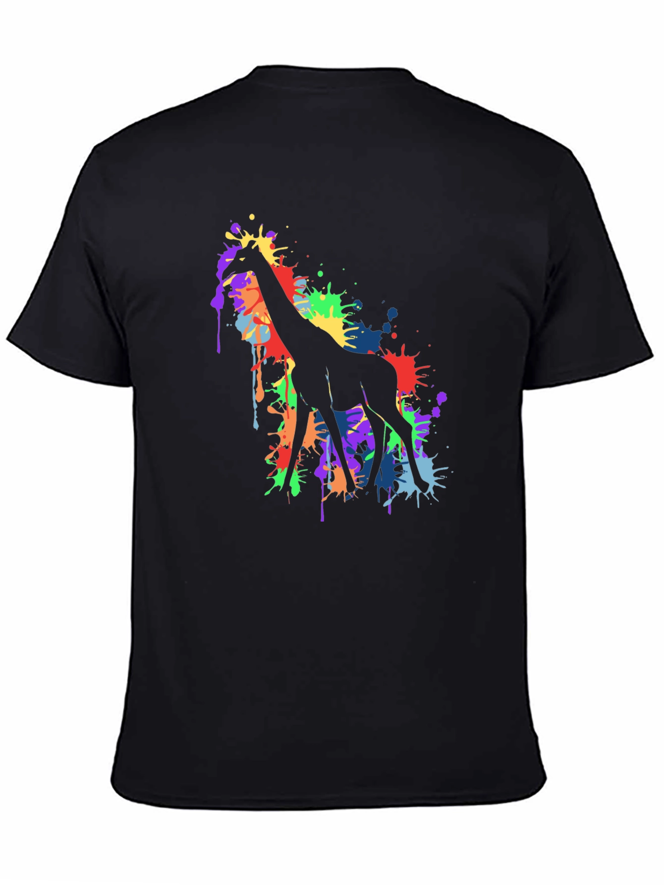 Colorful Giraffe Splatter Art Graphic Tee - Black