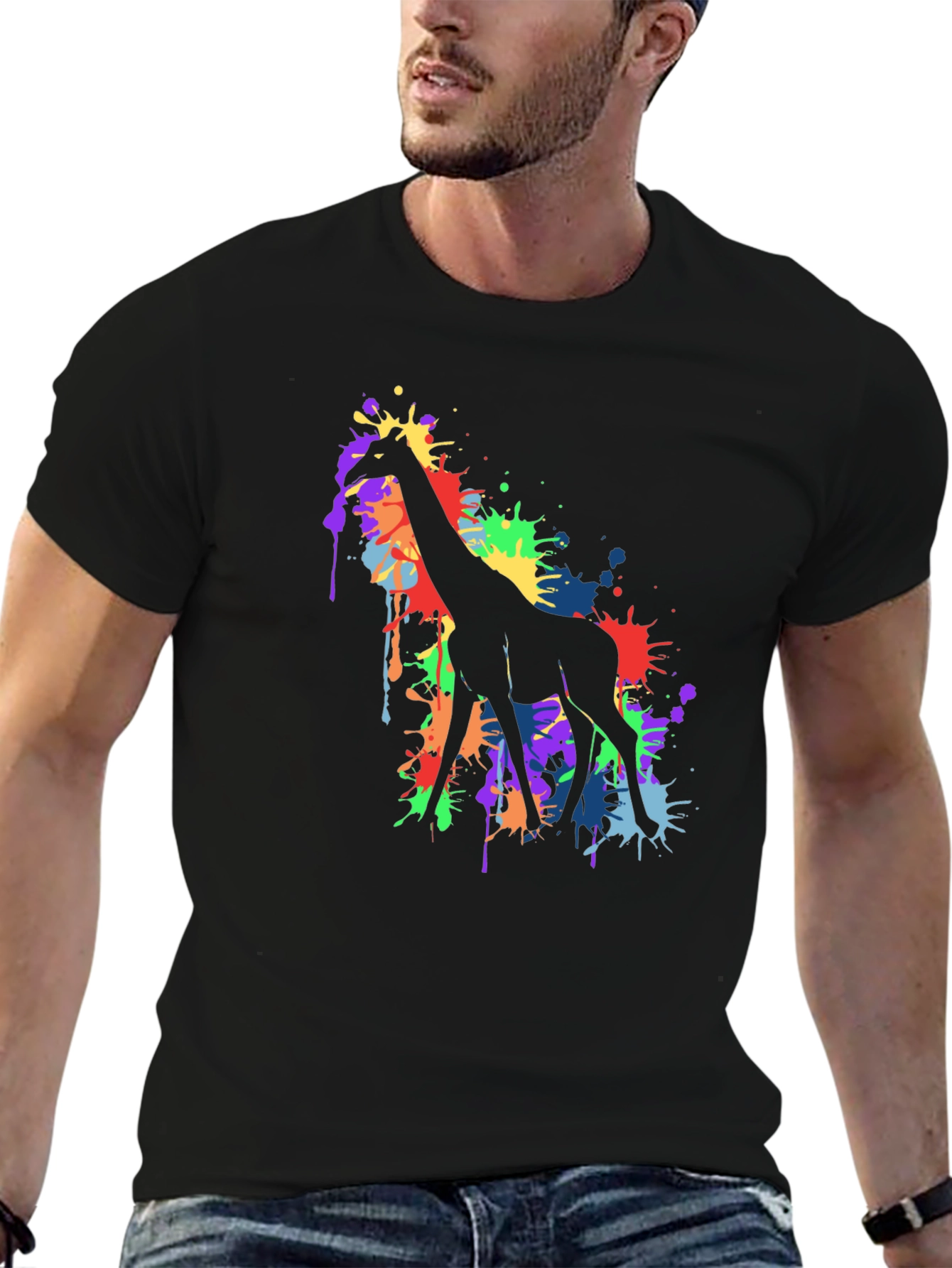 Colorful Giraffe Splatter Art Graphic Tee - Black