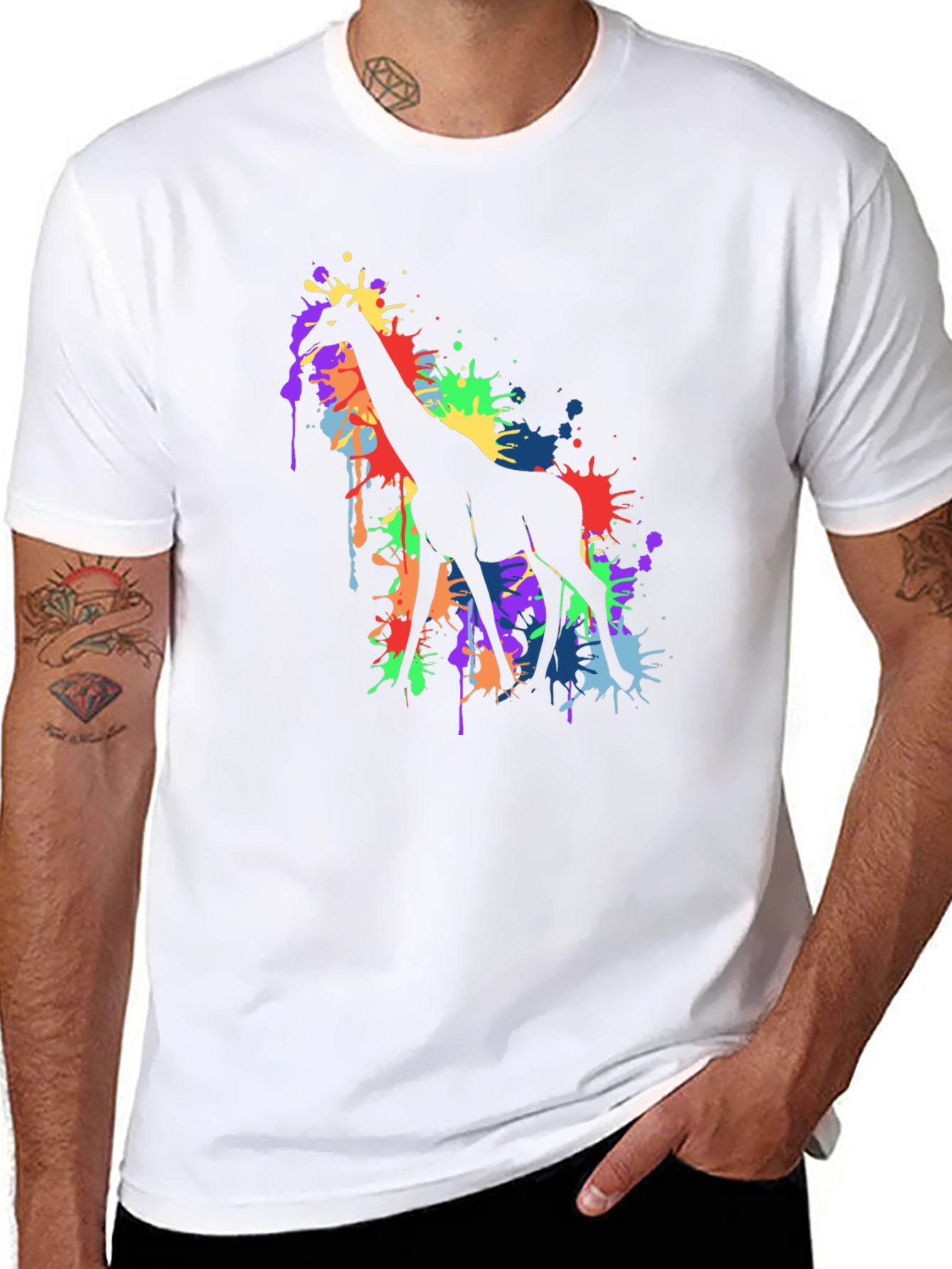 Colorful Giraffe Splatter Art Graphic Tee - Black