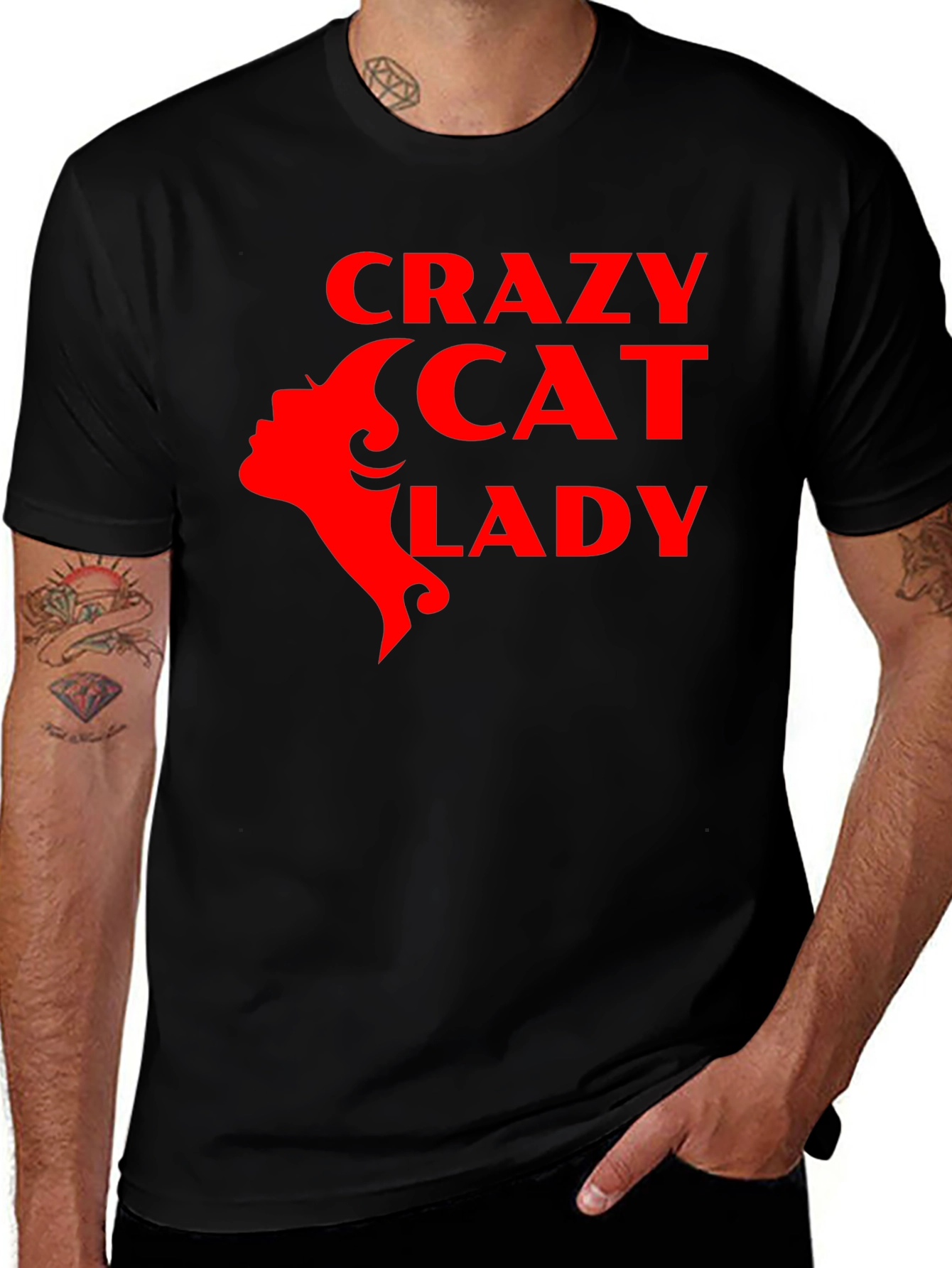 Crazy Cat Lady Graphic T-Shirt - Red Print on Black