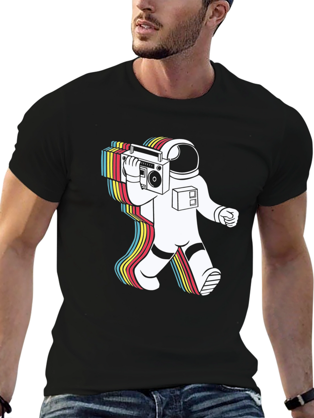 Retro Astronaut Boombox Graphic Tee - Black