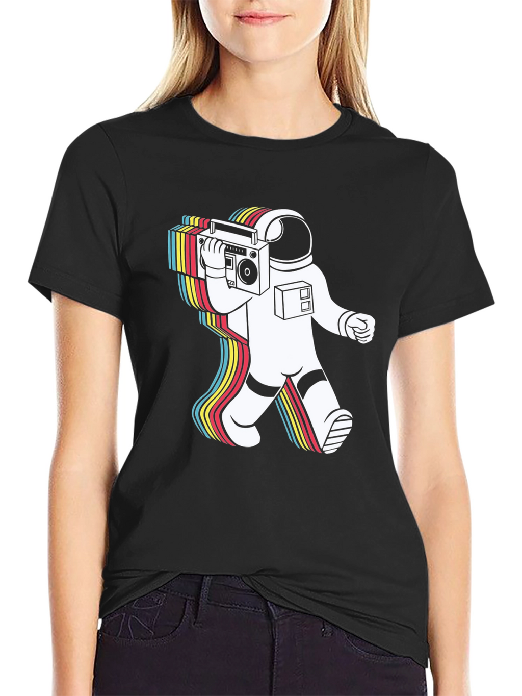 Retro Astronaut Boombox Graphic Tee - Black