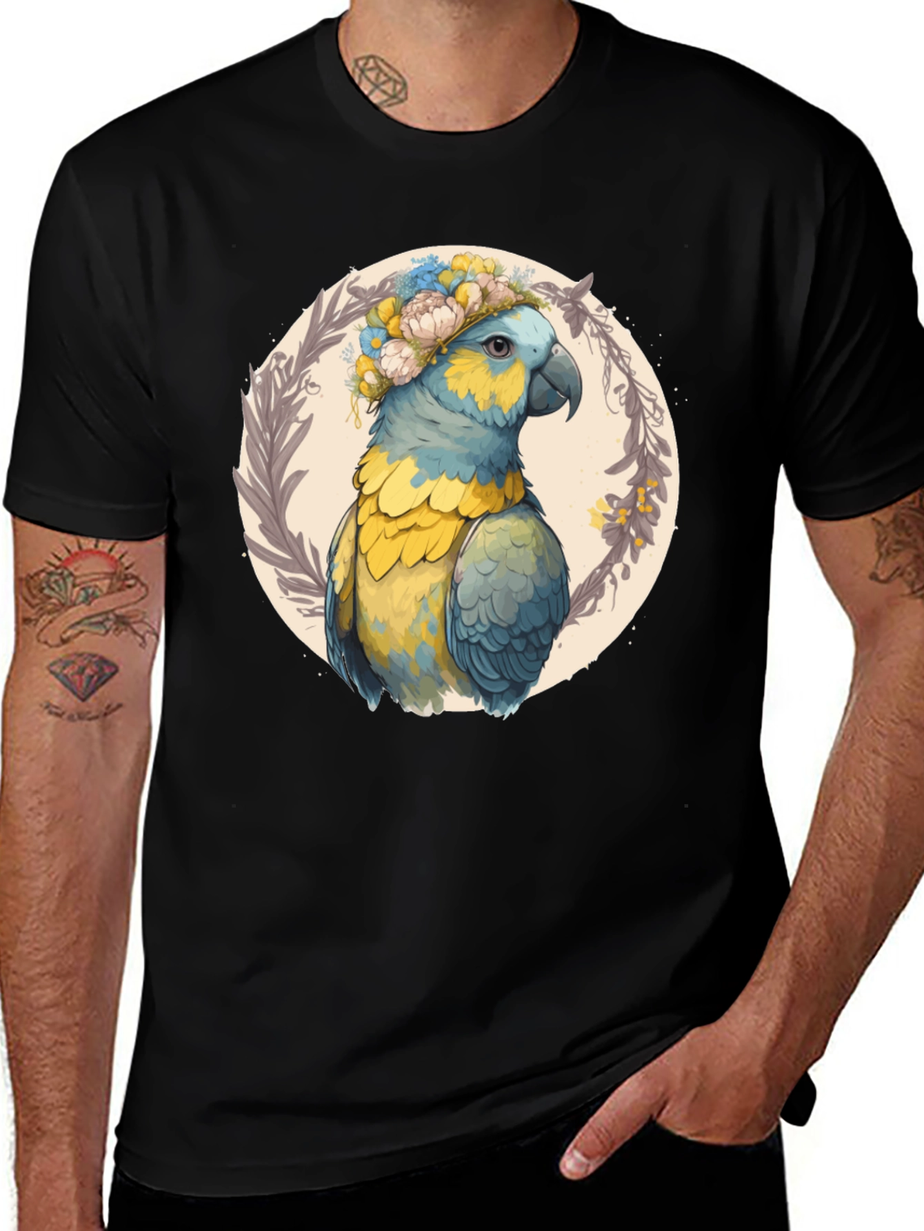 Parrot Floral Wreath Graphic Tee