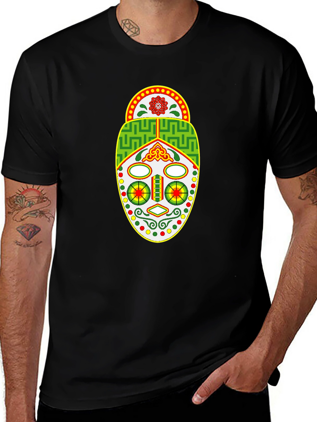 Tribal Mask Graphic Tee - Unique Design