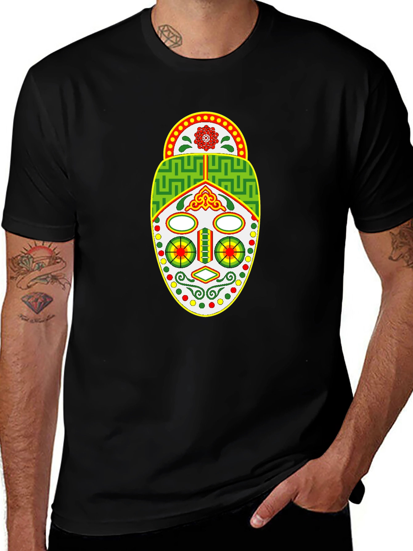 Tribal Mask Graphic Tee - Unique Design