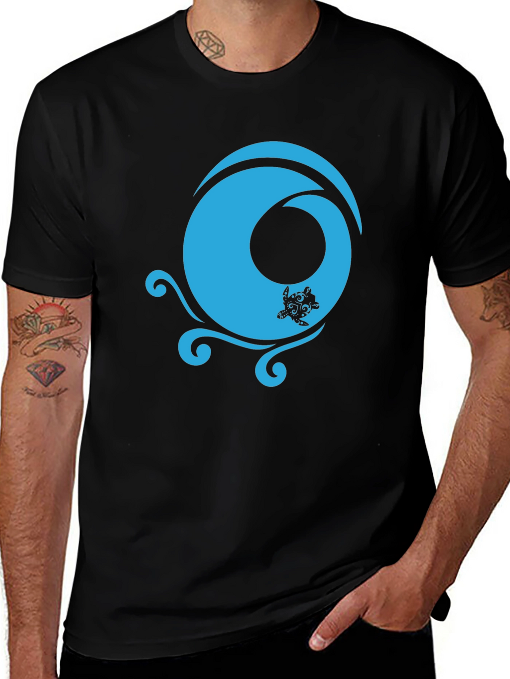 Black T-Shirt with Turquoise Turtle Wave Design