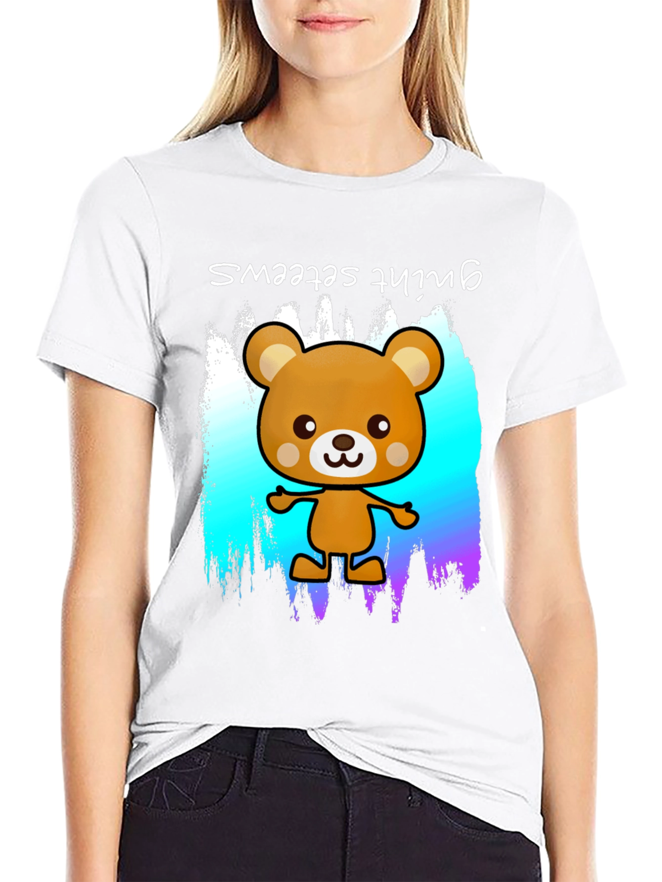 Cute Cartoon Bear Graphic Black T-Shirt