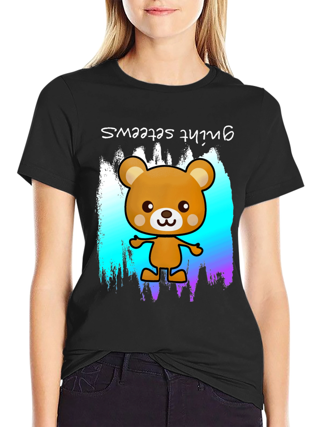 Cute Cartoon Bear Graphic Black T-Shirt