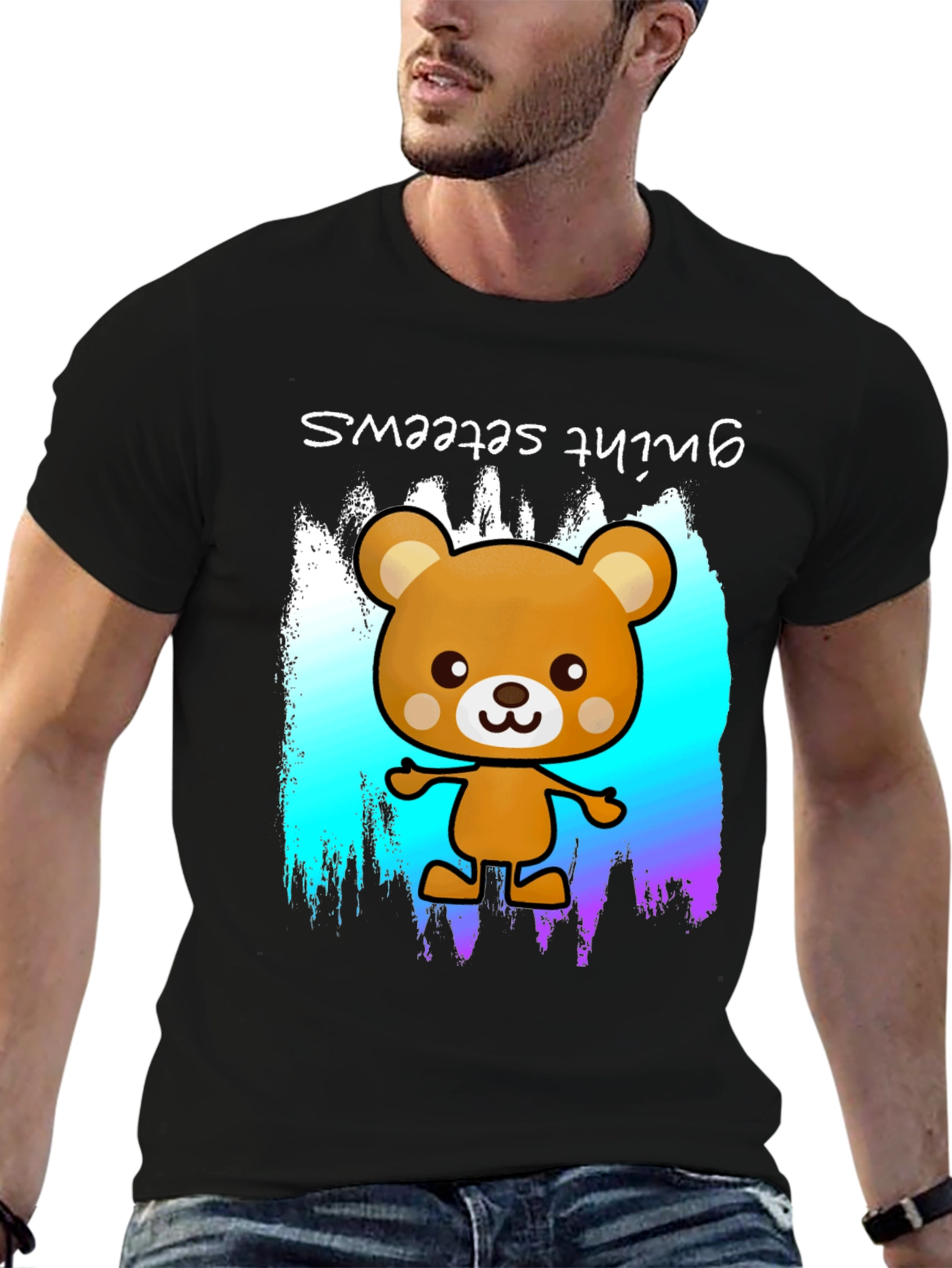Cute Cartoon Bear Graphic Black T-Shirt