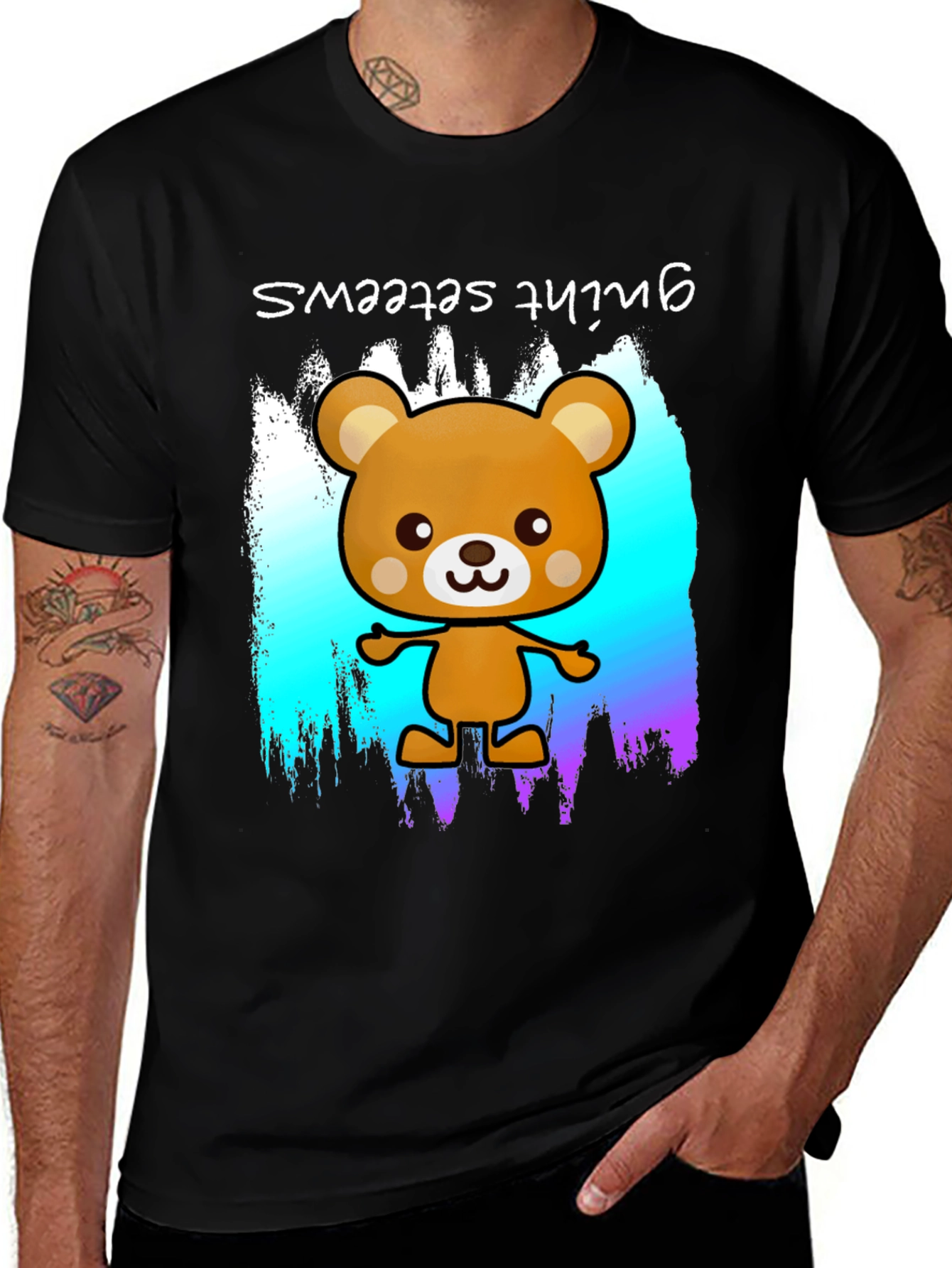 Cute Cartoon Bear Graphic Black T-Shirt