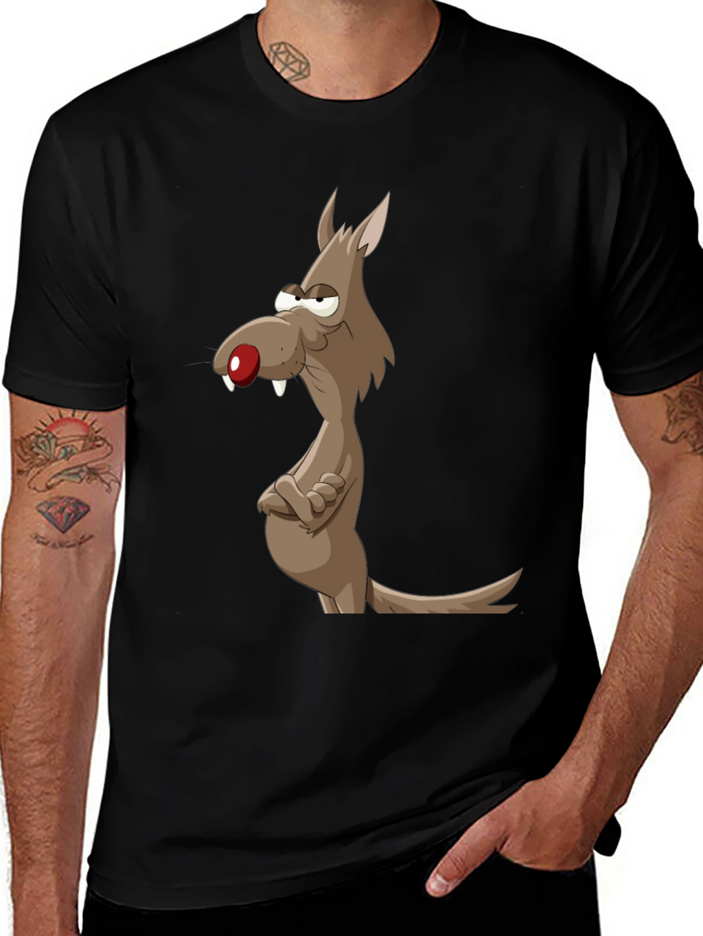 Funny Cartoon Wolf Graphic Tee - Mens Black T-Shirt