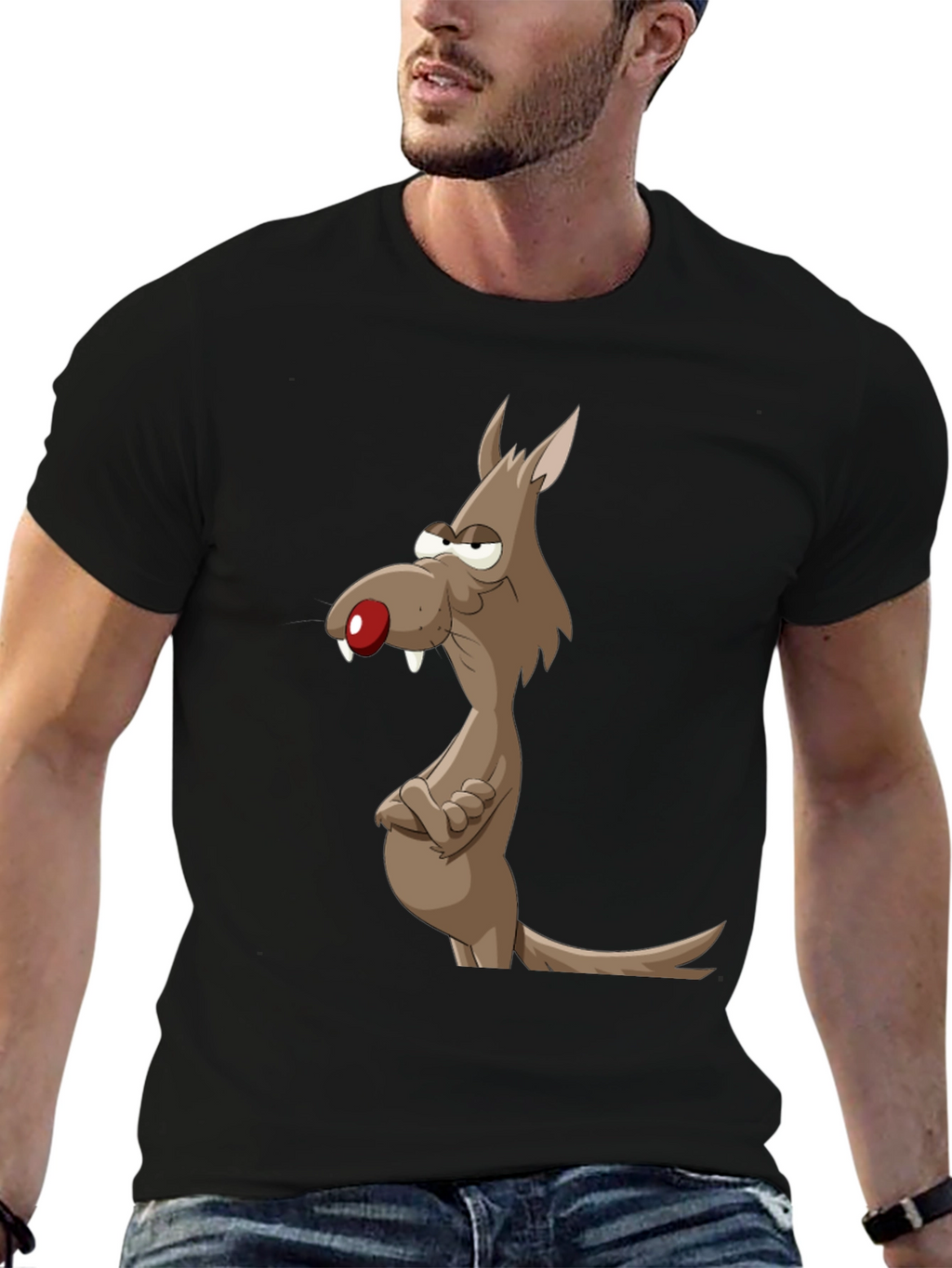 Funny Cartoon Wolf Graphic Tee - Mens Black T-Shirt