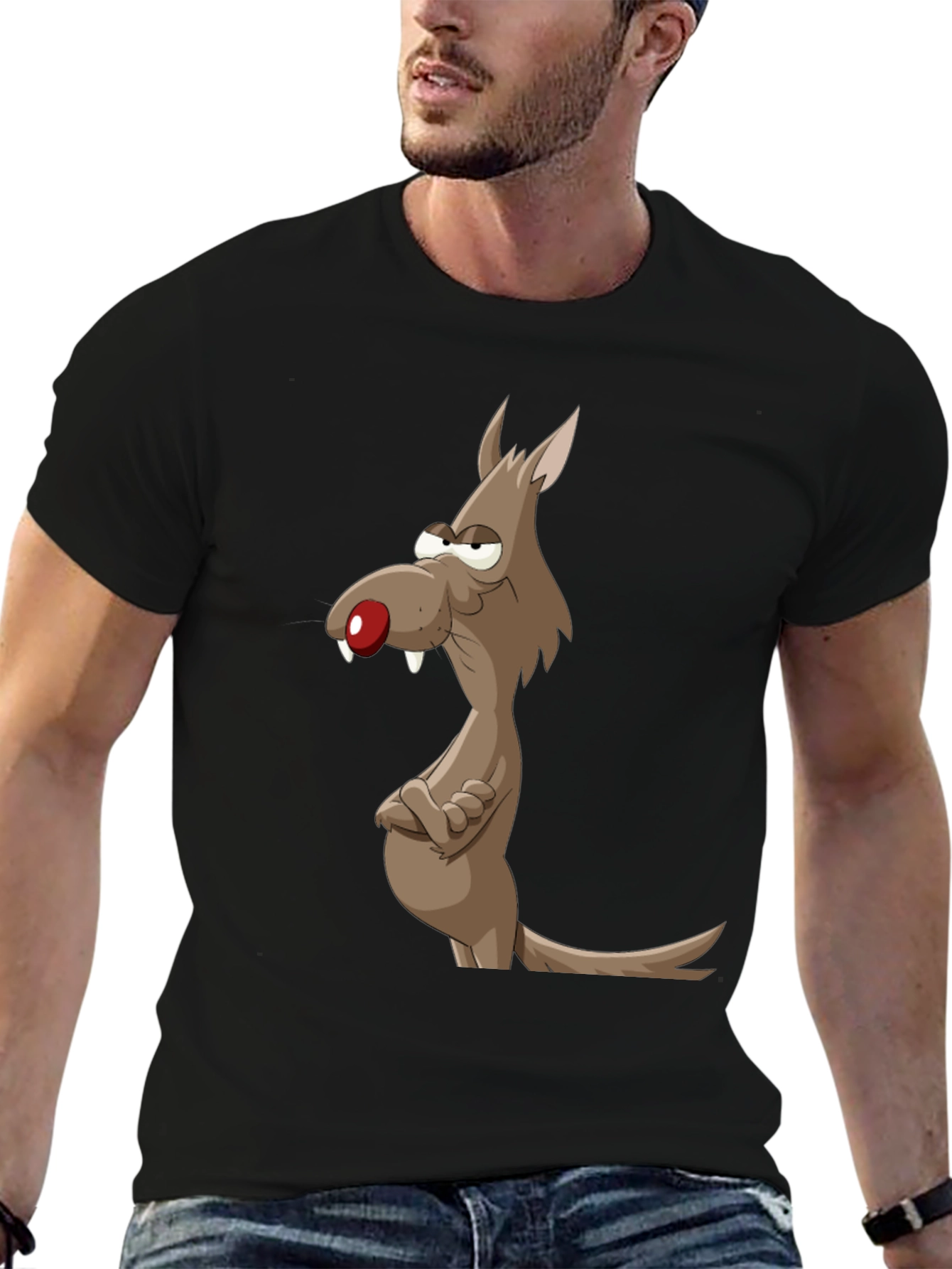 Funny Cartoon Wolf Graphic Tee - Mens Black T-Shirt