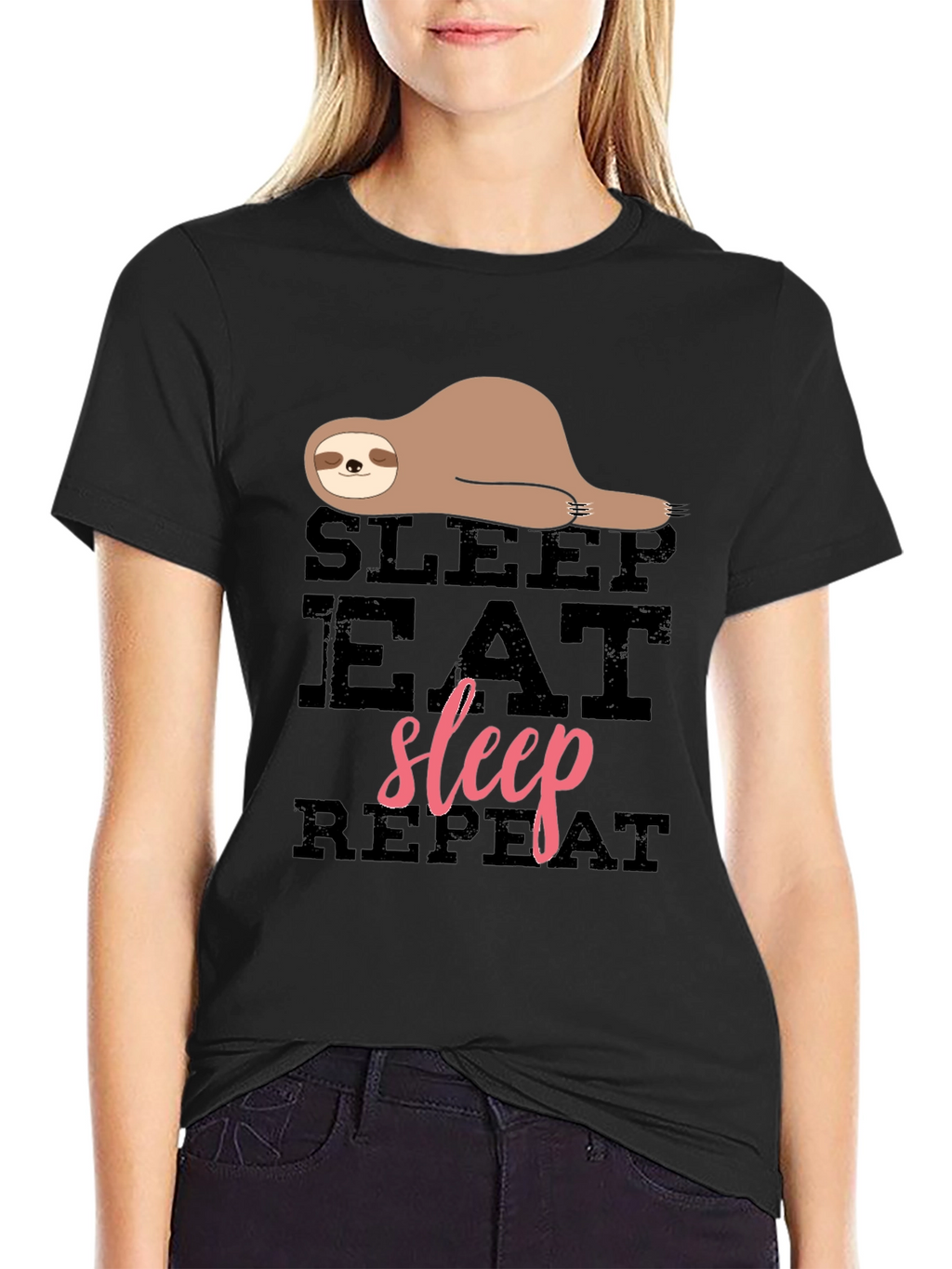 Sloth Sleep Eat Repeat Black Graphic T-Shirt