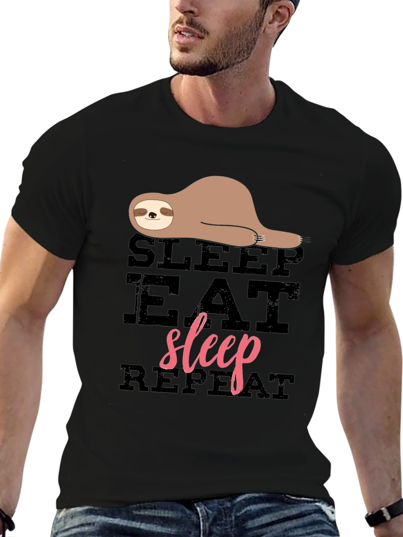 Sloth Sleep Eat Repeat Black Graphic T-Shirt