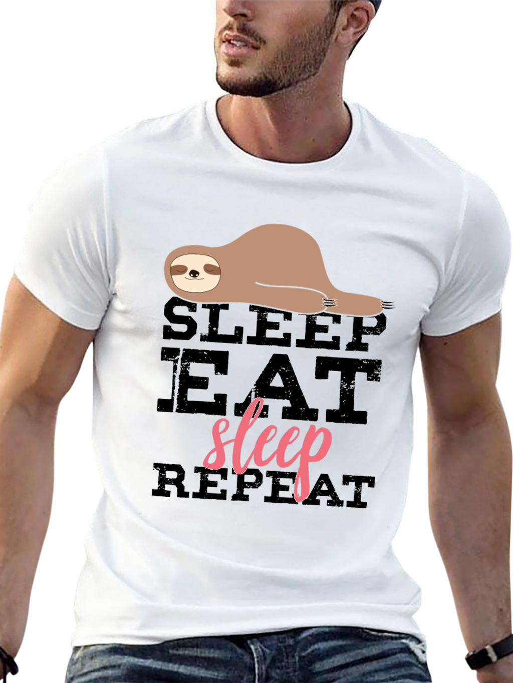 Sloth Sleep Eat Repeat Black Graphic T-Shirt