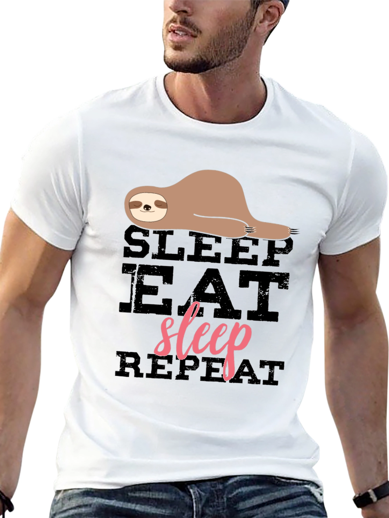 Sloth Sleep Eat Repeat Black Graphic T-Shirt
