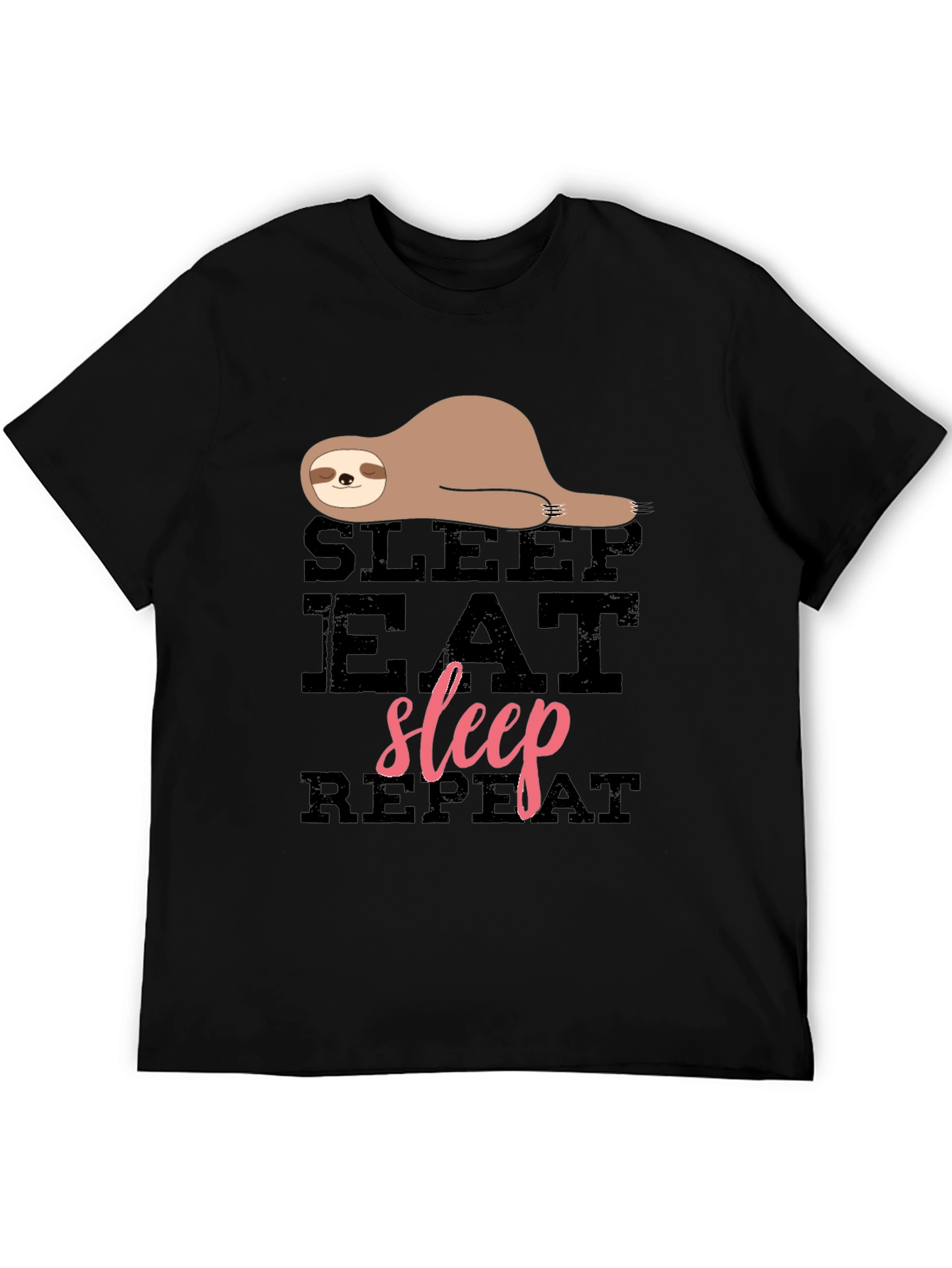 Sloth Sleep Eat Repeat Black Graphic T-Shirt