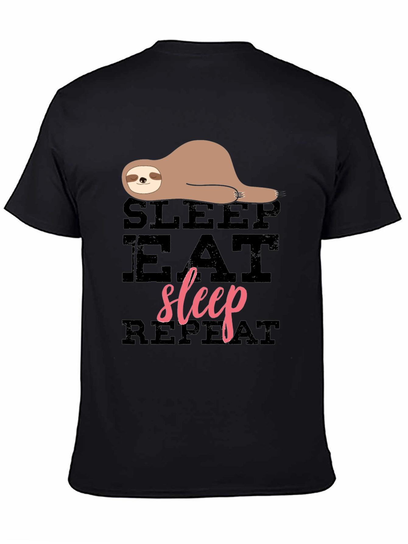 Sloth Sleep Eat Repeat Black Graphic T-Shirt