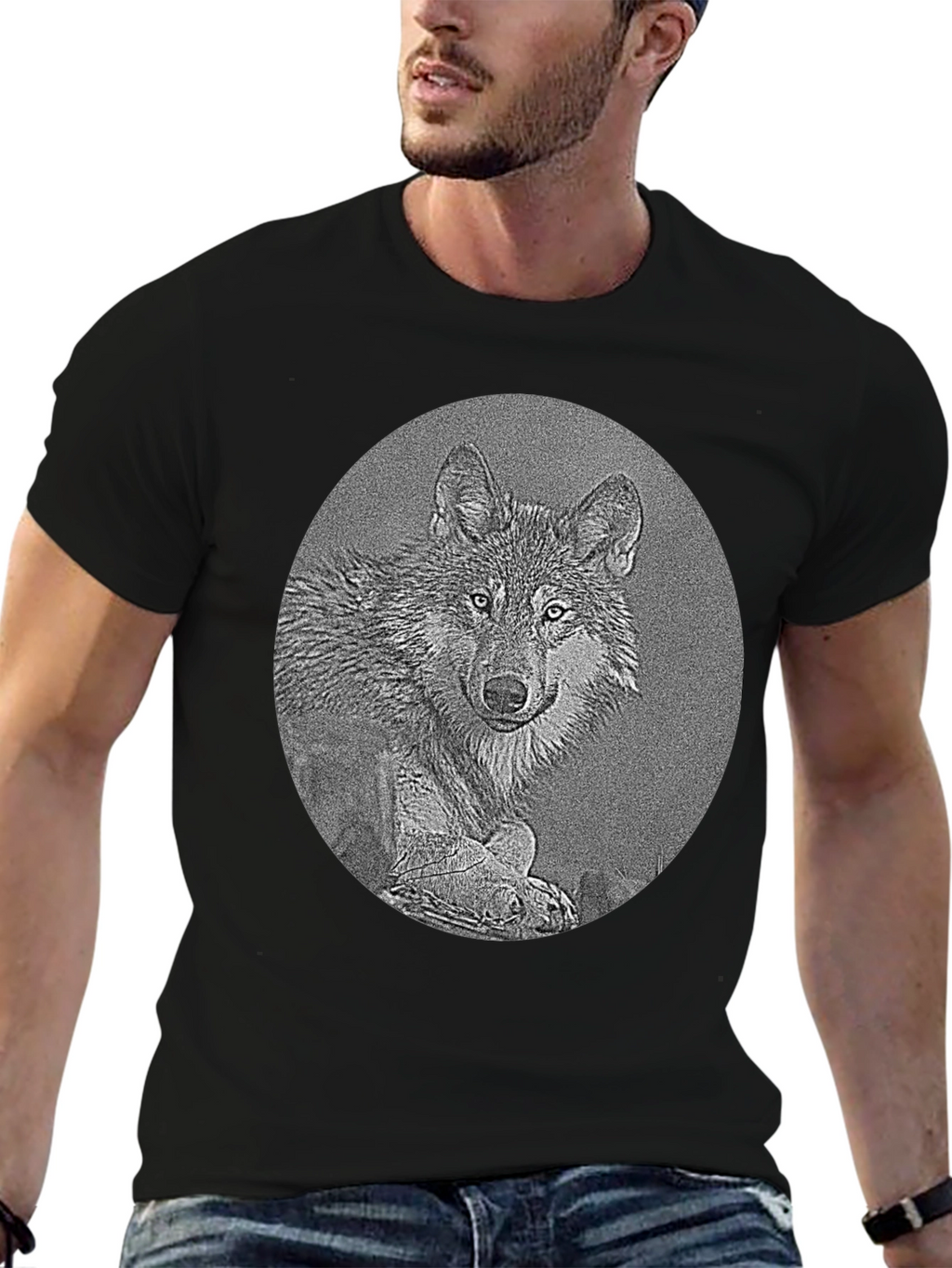 Wolf Portrait Graphic Print Black T-Shirt