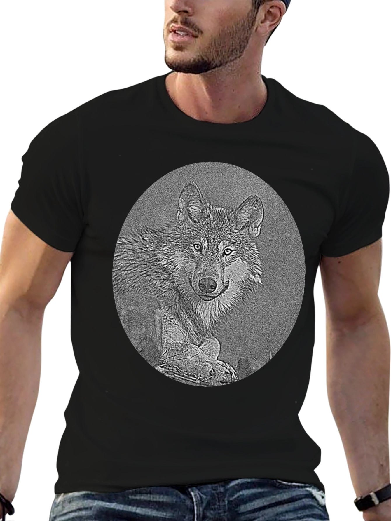Wolf Portrait Graphic Print Black T-Shirt